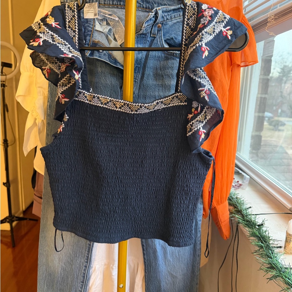 Japna Navy Smocked Top with Embroidered Ruffle Sleeves